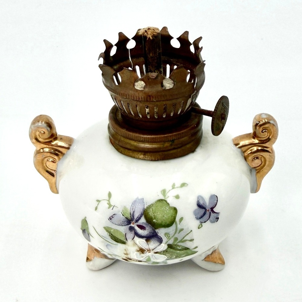 Vintage Arnart Porcelain Miniature Oil Lamp Violets Gold Trim Hand Painted 33/22
